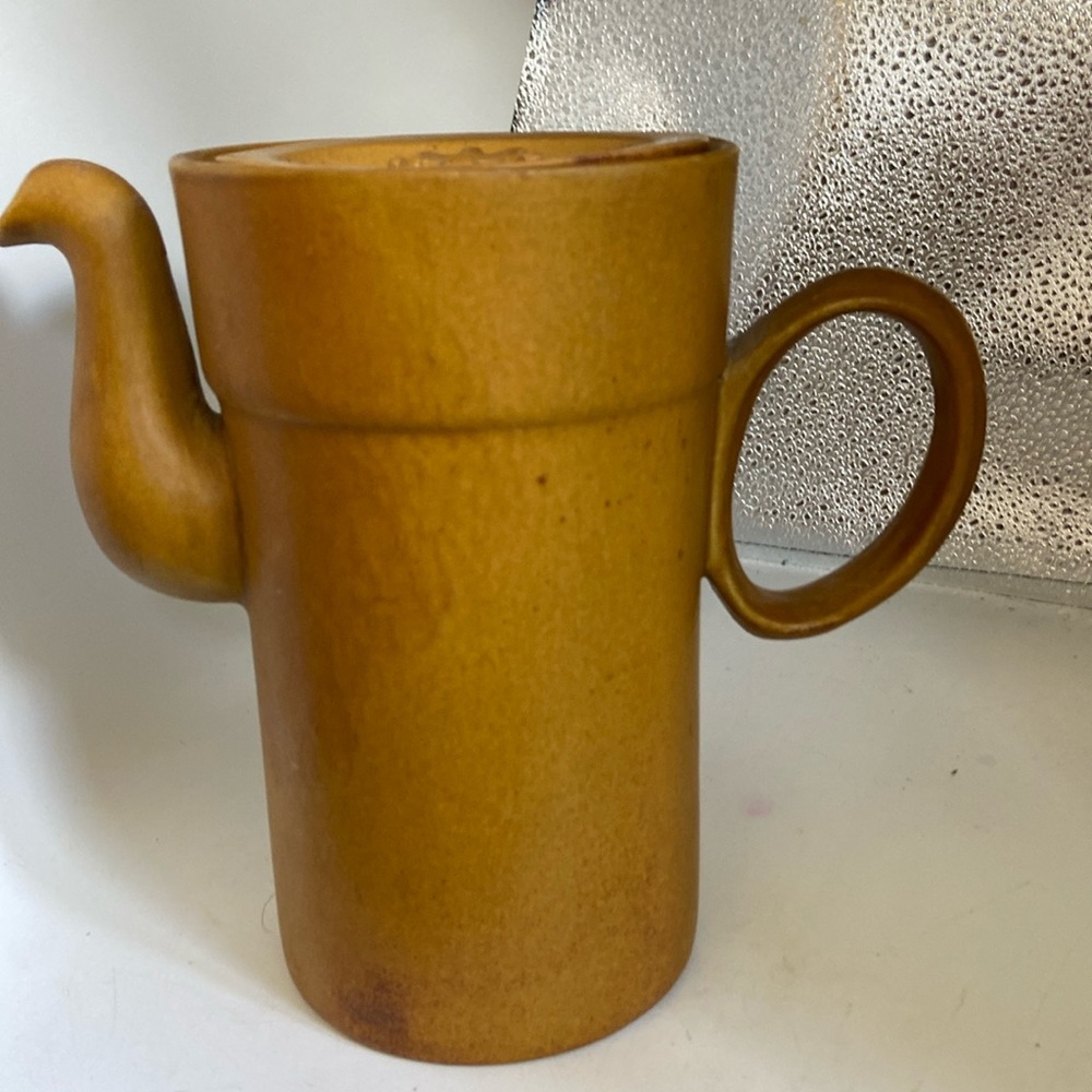 Stoneware Coffee or cider pot Can’t read impressed label See photo Yellow/brown